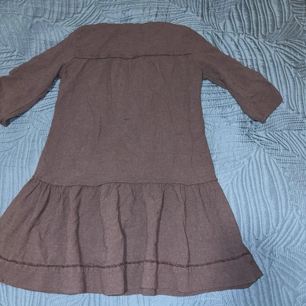 Zara Drop Waist Mini Dress Pleated Henley Top Small Brown‎ Gauze Neutral Minimal